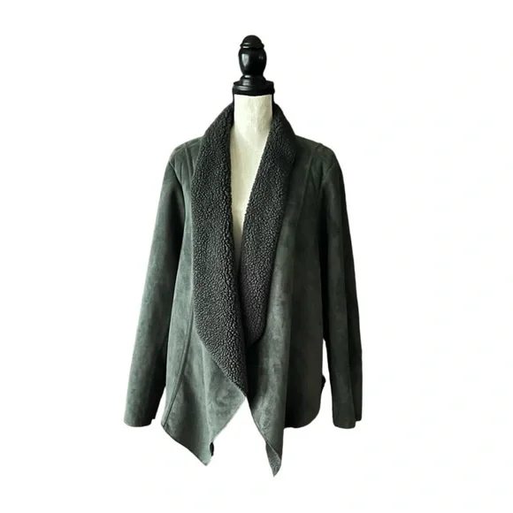 Denim&Co 1X Faux Suede Sherpa-lined Forest Green Open Front Jacket - Picture 2 of 7